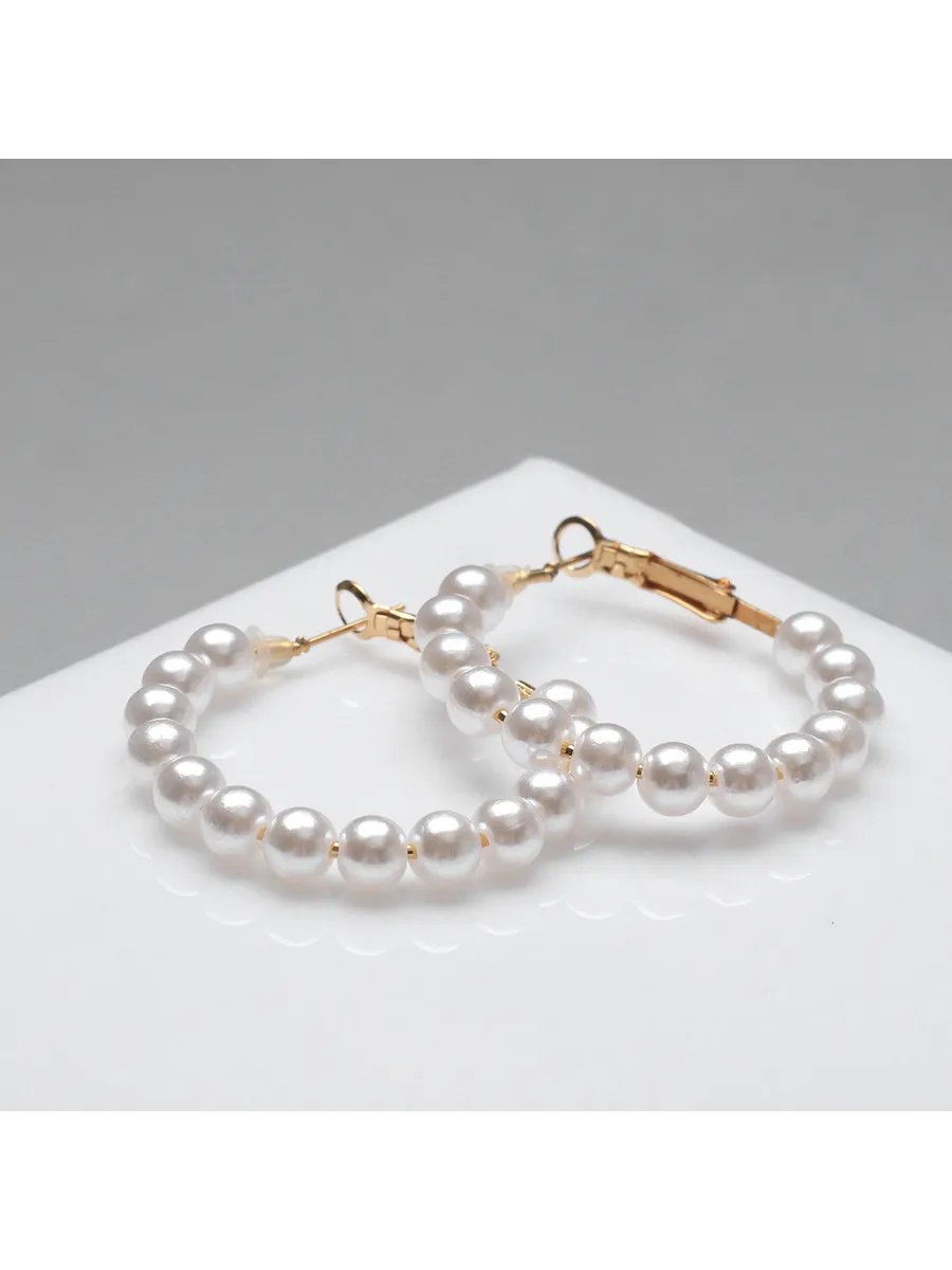Серьги кольца с жемчугом, d=3.5 см, белые в золоте — изображение 4